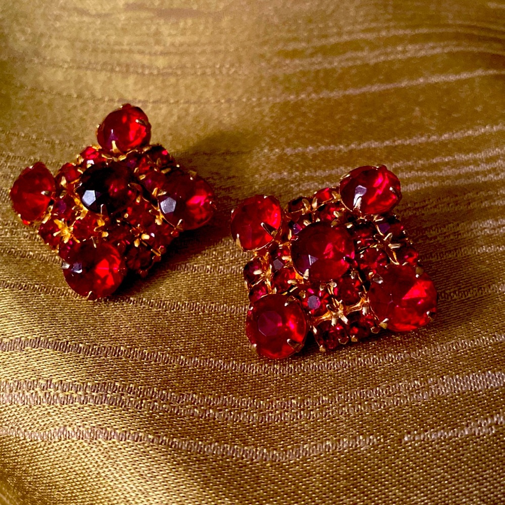 Vintage Red Rhinestone Clip Earrings